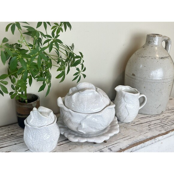 Vintage Set Of White Crackled Crazed Cabbage Leaf: Tureen, Creamer & Sugar Bowl - Picture 10 of 10